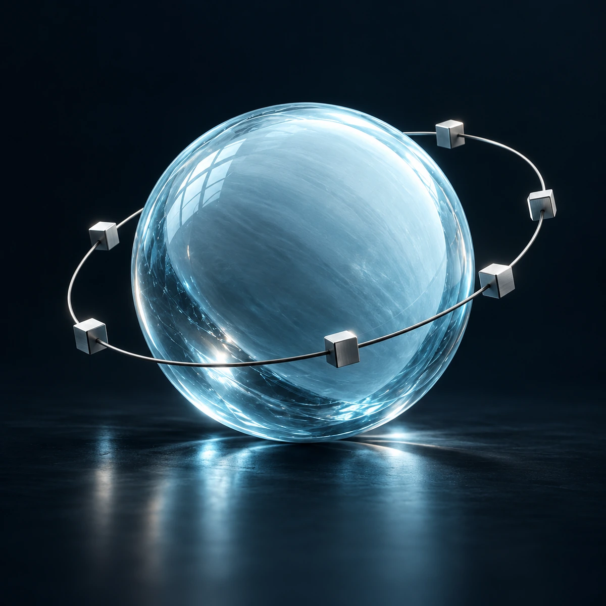 An ice-blue glass planet with a fine titanium orbit, representing a connected venture firm.